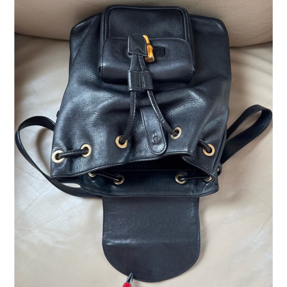 Authenticated Vintage Gucci Leather Bamboo Flap Drawstring Mini Backpack, COA - Picture 8 of 15